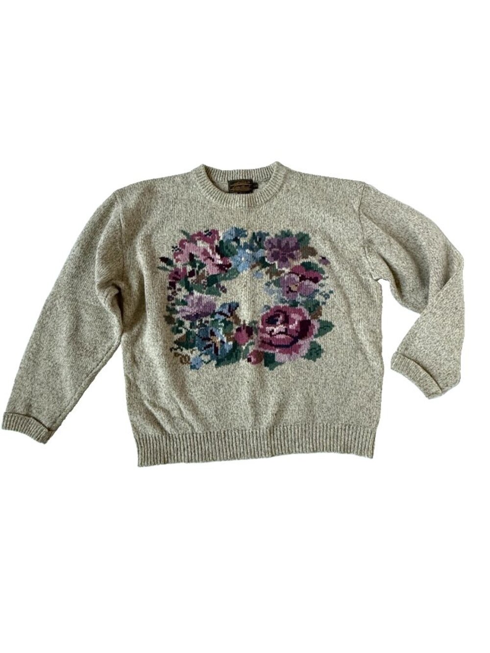 Eddie Bauer Womens L Sweater Wool Floral Wreath Oatmeal Brown Vintage Pullover